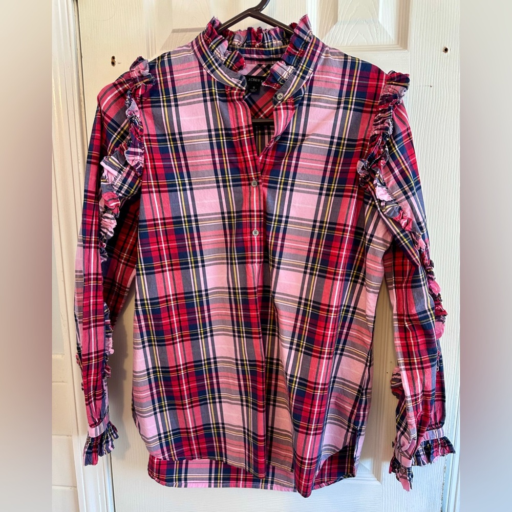 J. Crew Multicolor Plaid Shirt with Ruffles